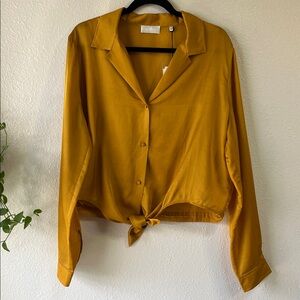 7 For All Mankind Gold Yellow Silk Blend Button Down Tie Long Sleeve Shirt L